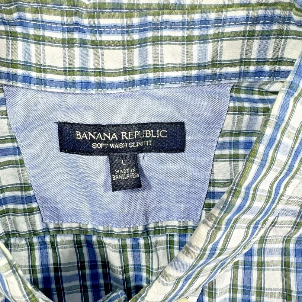 Banana Republic Shirt Mens Large Green Blue Plaid Soft Wash Slim Fit Classic‎